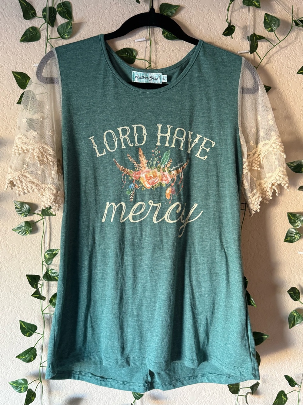 Southern Grace Teal Crewneck Lord Have Mercy Top S
